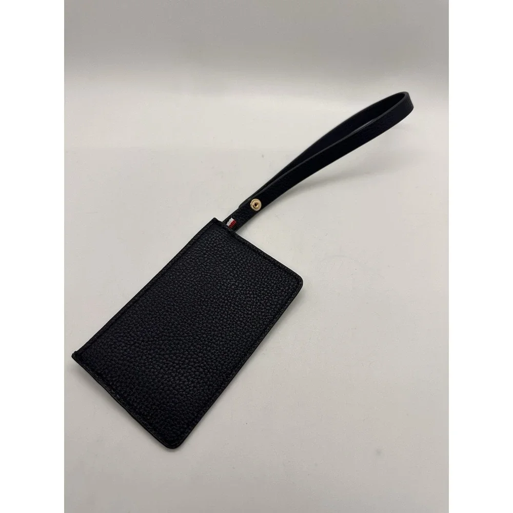 Tommy Hilfiger Black Pebbled Leather Card Holder Wristlet ID Case Keychain Strap